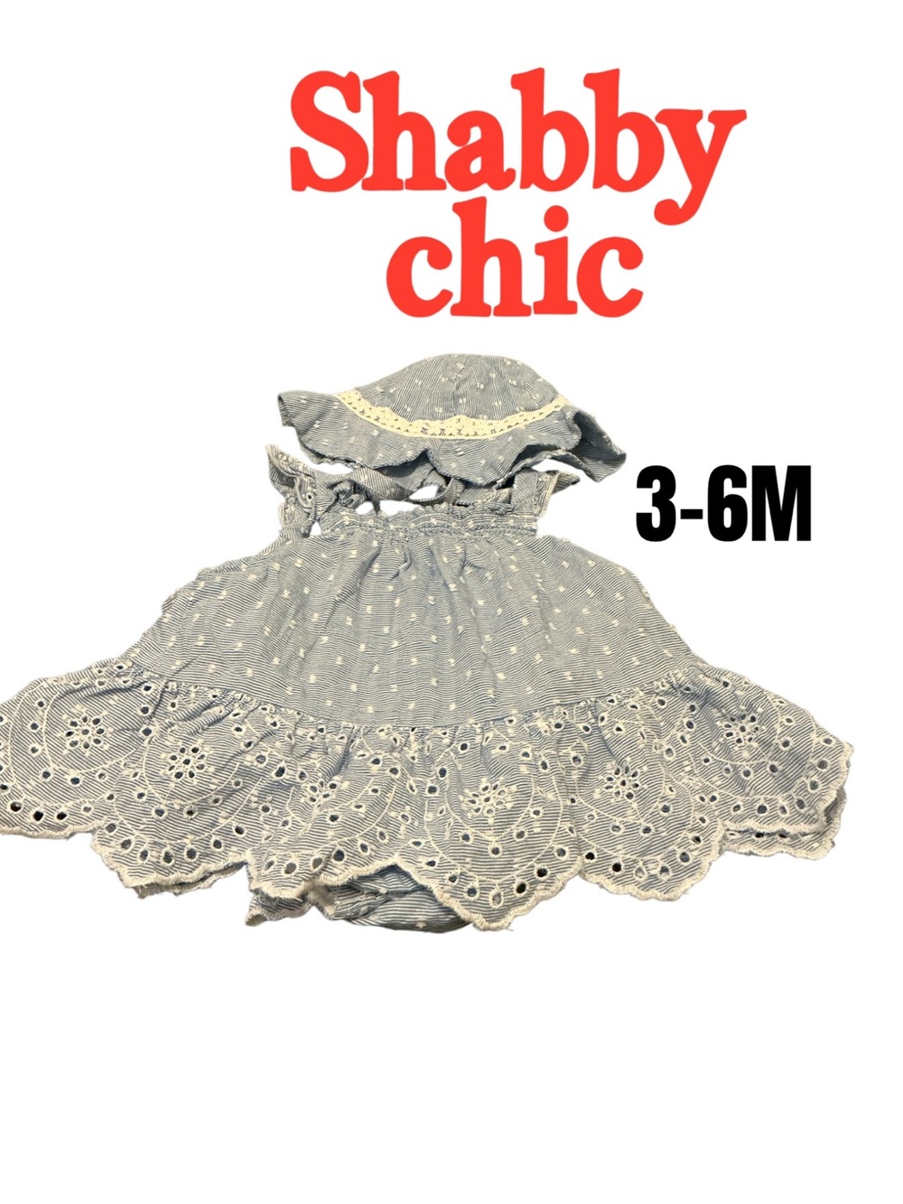 Shabby Chic Blue Eyelet Dress and Bonnet Set size 3-6 months
